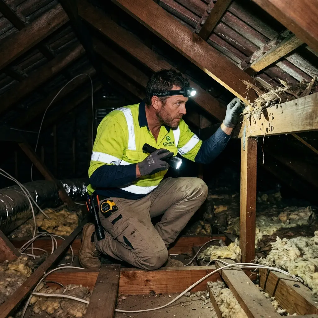 Technician inspecting a roof cavity for a dead animal in Yarrambat